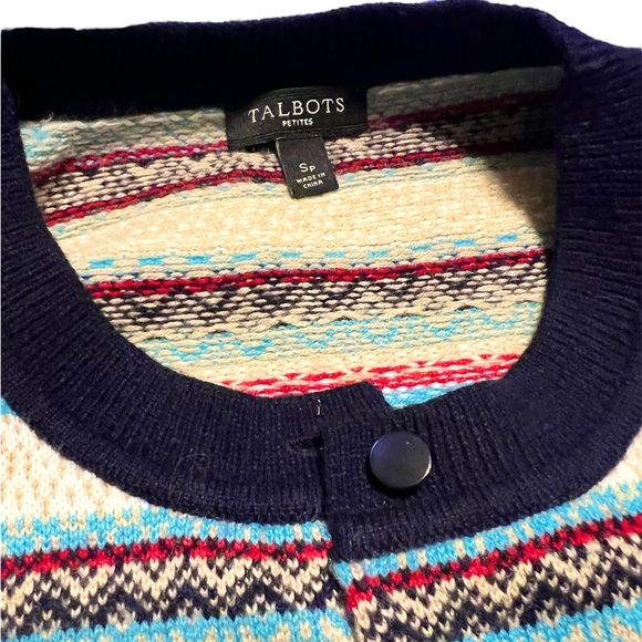 Talbots Fair Isle Stripe Knit Cardigan Sweater Blue Red Nylon Lambswool Buttons - Picture 4 of 11